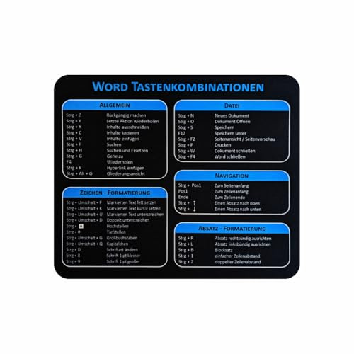 Arkero-G Mauspad - Word Shortcuts Mouse Pad Tastaturkürzel Büro/Office Mauspad 24 x20 x 0,3 cm rutschfeste Design Tisch-Unterlage (Word)