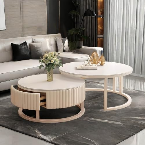 MDXVRKYBC Runder Couchtisch Weiß Wohnzimmertisch Rund 2er Set Nested Beistelltisch 50cm+70cm Tischplatte Aus Schiefer, Satztische 2er Set Coffee Table Für Balkon Und Büro