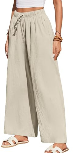 HAPYWER Pantalon Fluide Femme d'été Patalon en Lin Léger Pantalon Décontracté avec Poches Taille Haute Pantalon de Plage Palazzo(Abricot,L)