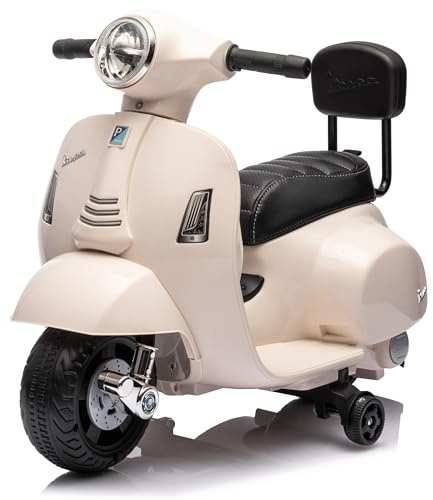 Vespa Elektro Motorrad für Kinder ab 18 Monaten mit Hupe, Gaspedal, Beleuchtung, Seitenrädern. Elektroroller, Kinderroller, Kindermotorrad, Elektrofahrzeuge (Weiß mit Rückenlehne)