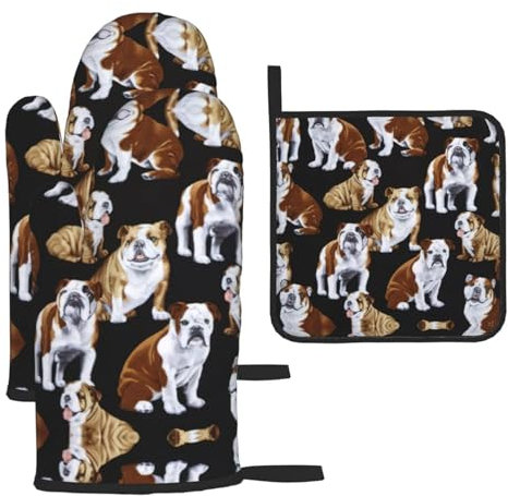 Ofenhandschuhe und Topflappen, Motiv: Englische Bulldoggen, 3 Stück, für Küche, Backen, Kochen