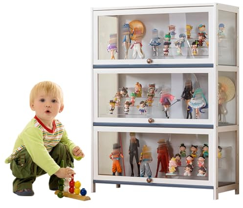Koubhyj 3 Schicht Vitrine mit AcryltüR, 80x33x106cm Vitrinenschrank, Glasvitrine Stehend Bambus-Aufbewahrungsschrank für Spielzimmer, Schlafzimmer(Weiß/Auf DREI Seiten transparent)