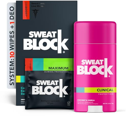 SweatBlock Maximum Strength Deodorant System for Women Hyperhidrosis Treatment for Excessive Underarm Sweat and Odor 10 Clinical Wipes Plus Coconut Vanilla Scented Deodorant Stick 2.7 oz