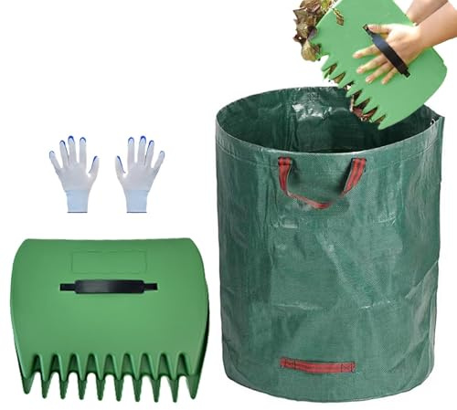 Rastrillo de hojas con mango ergonómico, grandes rastrillos de mano | Pinzas ergonómicas de gran asa para jardín | Eliminación de desechos y residuos de jardín con bolsa de basura para hojas,