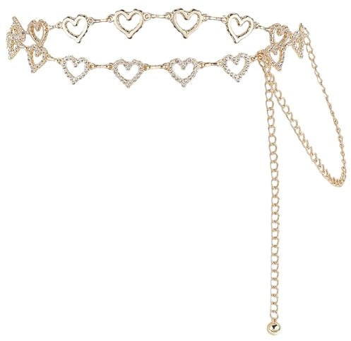 UNICRAFTALE 1Pcs Heart Chain Belts for Women Crystal Rhinestone Heart Link Waist Belt Chains Metal Belly Link Light Gold Adjustable Waist Belts for Jeans and Dress 61.2cm long