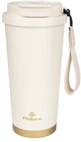 PHILORN Termo Cafe para Llevar 500ml, Vaso Termico de 316 Acero Inoxidable, Reutilizable de Taza Termica, Vaso Termo Cafe para Llevar para Bebidas Frías y Calientes (Blanco)