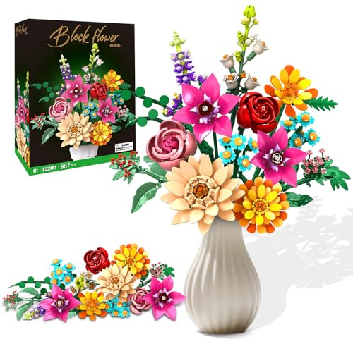 IKIDSUN Kit de construction de fleurs en briques botaniques - 887 pièces - Kit créatif de construction florale avec 13 bouquets distincts - Idéal pour la décoration de la maison et du bureau, cadeau