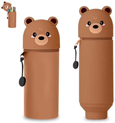 Zyluniy Federmäppchen bär, Süßes Bären-Federmäppchen aus Weichem Silikon, Kawaii Cartoon Stand-Up Design, Lustiges Mäppchen Original für Schule & Büro (Braunbär)