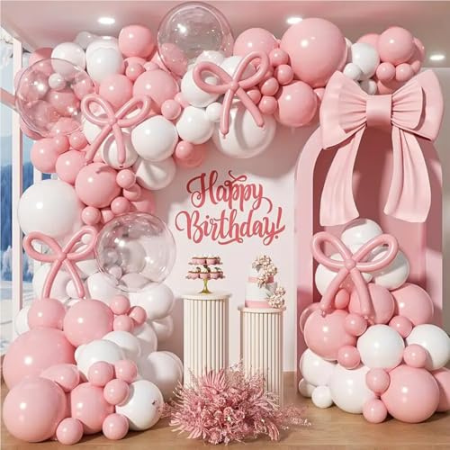WINAROI Rose Weiß Luftballons Geburtstag Mädchen,Rosa Schleife Luftballons Girlande Dekorationen,Pink Luftballon Deko Kindergeburtstag für Babyparty,Geburtstag,Hochzeit,Kinderparty Prinzessin