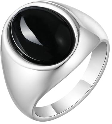 Beydodo Edelstahl Ringe Herren, Ring Personalisiert mit Schwarzer Achat Siegelring Partnerringe Männer Ringe Silber Nickelfrei Größe 60 (19.1)