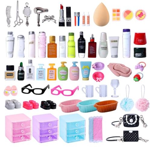 76pcs Miniature Dollhouse Accessories,Dollhouse Bathroom Set with Makeup Set Towel Toothbrush Shampoo Toiletries Set,Miniature Stuff Jewelry Storage Case Perfume Shoes Backpack for Girl Micro Scene