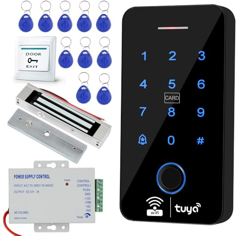 Fredorlokk - Kit de sistema de control de acceso WiFi Tuya con teclado de huellas dactilares impermeable IP68, bloqueo magnético en modo NC (180 kg/350 libras), 10 llaveros RFID de 125 KHz, fuente de