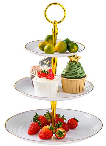 3 Tiers Cake Stand, White Round Cupcake Stand with Gold Rod, Dessert Fruit Party Server Plates Stands for Afternoon Tea, Wedding, Birthday, Party, Baby Shower