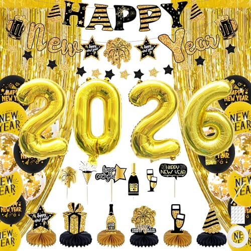 Silvester Deko 2026 Party Set, Happy New Year Silvesterdeko, Deko Silvester 2026 mit Luftballons Schwarz Gold, Girlande, Folienballons, Wabendeko, Tischdeko New Years Eve für Silvesterparty