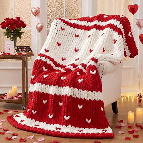 Mindsoft Chunky Knit Throw Blanket Large 50 X 60 Handmade Cream Chenille Loop Yarn Fluffy Soft Knitted Throw Big Cozy Thick Cable Knit Crochet Blanket for Couch Sofa Bed(Red,Heart)