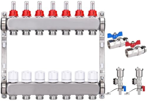 Edelstahl Heizkreisverteiler für Fußbodenheizung [7 Heizkreise, Entlüfter 1/2, 2X Kugelhähne 1] Verteiler mit Durchflussmesser (0.5-5 L/Min), Anschlüsse für Eurokonus 3/4