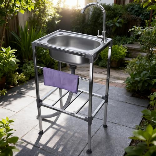 38x33x83cm Lavello Autoportante in Acciaio Inox - Lavello Esterno 1 Vasca con rubinetti freddi e caldi - Lavandino Commerciale,Lavabo mobile per cucina,ristorante, Garage,campeggio