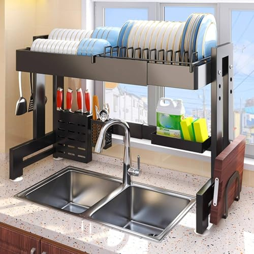 QIUHTR Escurreplatos de Gran Capacidad Retráctil con Soporte para Utensilios, Escurreplatos sobre Fregadero,Ahorra Espacio,Tazas y Bayetas Cubiertos y Toallero