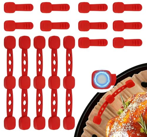 BacJueSin Aimant pour Air Fryer - Lot de 15 Aimants en Silicone Alimentaire pour Papier Cuisson, Résistants à la Chaleur - Accessoires Air Fryer à Adhérence Magnétique Forte (Carré Rouge)