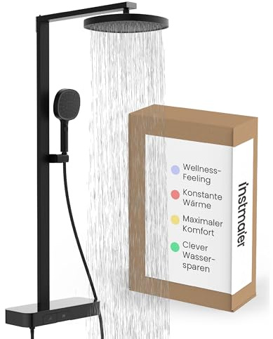 instmaier Cleo | Regendusche | Thermostat | große Kopfbrause | Schwarz | Überkopfbrauseset mit Duschthermostat | Duschgarnitur | Duschpaneel Armatur | Duschgarnitur | Duschsystem höhenverstellbar