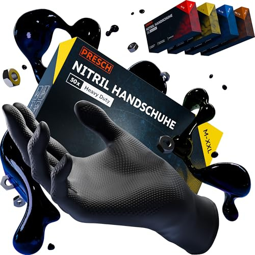 PRESCH Heavy Duty Gants Jetables Noir 50 pc (XL - 10) - Gants en nitrile avec texture diamantée pour plus d’adhérence - Sans latex et poudre - Très épais et indéchirable
