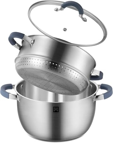 Dampfgarer Topf mit Glasdeckel 24 cm,Dampftopf Edelstahl 5.3L Inklusive Dampfkorb,Dampfkocher Induktion Kartoffeldämpfer Couscous Topf geeignet für Gemüse, Suppen, Knödel,ofen und spülmaschinenfest