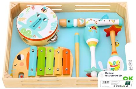 Momo Kids® Musikinstrumenten-Set für Kinder, Montessori-Spielzeug, 2 Jahre, Kinder-Tamburin für Kinder, Xylophon, Maracas und Flöte, Musikinstrumente für Babys, Geschenk für Mädchen von 2 Jahren