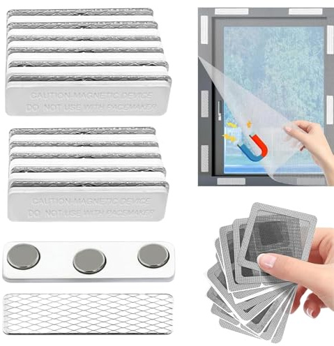 12 Pares Imanes Para Mosquiteras + 12 Piezas Cinta Reparadora de Mosquiteras, Imanes Mosquitera Ventana, Para Fijar Mosquitera Sin Necesidad de Taladrar, Aptas Para Salón, Balcón y Cocina
