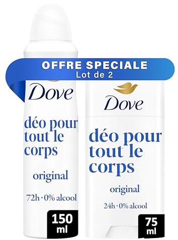 DOVE - Lot de 2 Déodorants pour Tout le Corps Original - 1x Spray 150ml + 1x Stick 75ml - Anti Odeurs et Traces Blanches 72h - Conçu pour les Peaux Sensibles