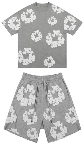 Mens Kids Shorts and T shirt Sets Flower Print Tracksuits 2 Piece Outfits Short Sleeve Crew Neck Summer Outfits Suit Loose Casual Sport Activewear Sweatsuits (1-Grey, 11-12 Years)
