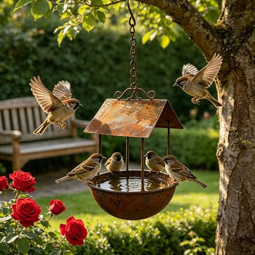 Vogeltränke Winterfest Metall Vogelfutterspender zum Aufhängen,Vogeltränke Hängend Vogelfutterhaus für Vogelbad Wassertränke Futterstelle für Wildvögel Balkon Outdoor Garten (04)