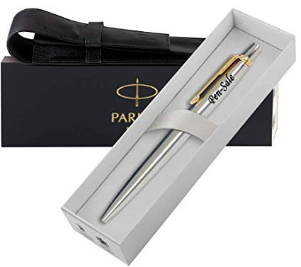 Personalised Engraved Parker Jotter Ballpoint/Fountain Pen/Set in a Leather Pouch, Personalised Gifts For Anniversary, Christmas - Enter Your Custom Text (Gold Trim)