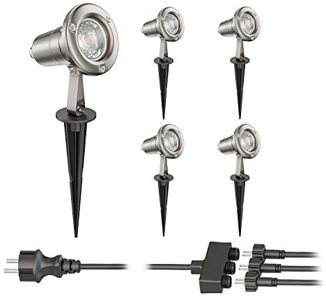 ledscom.de Gartenstrahler MUK mit Erdspieß für außen, Edelstahl, je 29,94W je 483lm 30° warm-weiß 5er Set