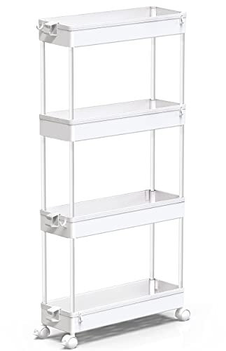 SPACEKEEPER Küchenwagen mit 4 Ebenen, Schmale Rollwagen Nischenregal auf Rollen, platzsparendes Badregal und Küchenregal für Küche Büro Bad, 40x13x86cm, Weiß