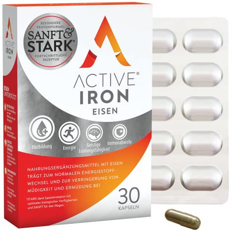 Active Iron 14 mg, Nahrungsergänzungsmittel, 30 Kapseln, nicht verstopfend, trägt zur Aufrechterhaltung des Eisenspiegels und Energieniveaus bei, Vorrat für 1 Monat.
