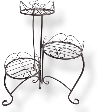 Crispe Blumenständer Blumenregal Blumentreppe mit 3 Etagen - zusammenfaltbar - Pflanzregal Pflanzenständer aus Metall - Höhe 56 cm - sehr stabil (Braun)