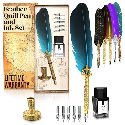 Vintage Feather Quill Pen and Ink Set - Elegant Blue Feather Pen and Ink Set for Signatures, Writing, and Drawing - Calligraphy Kit with Stainless Steel Nib for Beginners and Calligraphy Enthusiasts