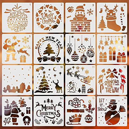 Schablonen Weihnachten Zeichenschablonen Malschablonen aus Kunststoff Handwerk Malschablonen 16 Stück Weihnachts Schablonen Set für DIY Bullet Journal Album Scrapbooking Papier Karte Deko (A)