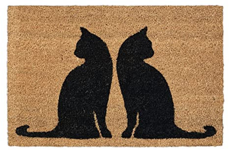 Relaxdays Fußmatte Kokos, 40 x 60 cm, Türmatte mit Katzenmotiv, innen & außen, Rutschfester Fußabtreter, Natur/schwarz