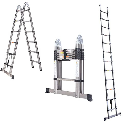Stainless Steel Telescopic Ladder - Folding Extendable A-Frame Loft Ladder for Home Office, 150kg Capacity