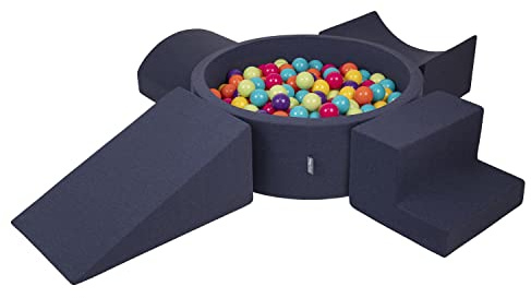 KiddyMoon Area di Gioco in Schiuma con Tondo Piscina di Palline (300 Palline) per Bambini, Blu Scuro:Verdch/Gialo/Turche/Arancion/Rosasc/Viol
