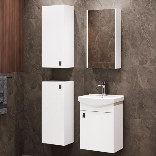 Planetmöbel Badmöbel Set Waschtisch mit Unterschrank 45 x 60 x 33 cm mit Spiegelschrank 40 cm, 2X Midischränke für Badezimmer, Gäste WC & Bad, Weiß