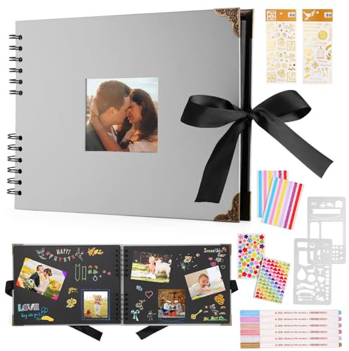 DazSpirit Fotoalbum 29,5 X 21cm Fotoalbum Zum Selbstgestalten Schwarz Fotobuch Mit 80 Seiten Scrapbook, Für 160 Bilder, Inkl.6 Metallic Farbmarker, Gästebuch Für Geburtstag Und Hochzeit(Grau)