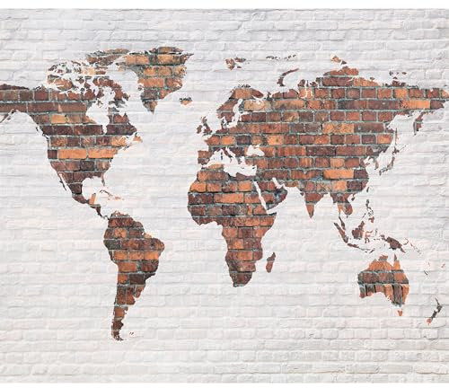 decomonkey - Papier Peint Panoramique Adhésif carte du monde 294x210 cm - Stickers Muraux Autocollant - Marron gris rouge - Cartes des continents en brique blanche fond de texture du monde orange