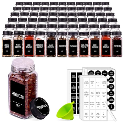 Churboro 66 Spice Jars with 547 Labels- Glass Spice Jars with Black Metal Caps, 4oz Empty Spice Containers with Shaker Lids, Funnel, Chalk Pen, Square Seasoning Bottles for Spice Rack, Drawer, Cabinet
