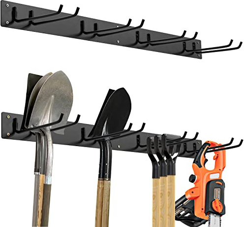 COSTWAY Tool Storage Rack, Wall Mounted Garage Storage Organizer with 4 Double Layer Hooks, Heavy Duty Garden Tool Organizer Utility Hanger for Shovels, Rakes, Brooms, Cords