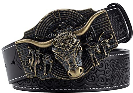 YJSG Westerngürtel für Cowboy, Vintage-Langhorn, Bull, Rodeo, Western-Cowboy-Gürtel, Schwarz , 115