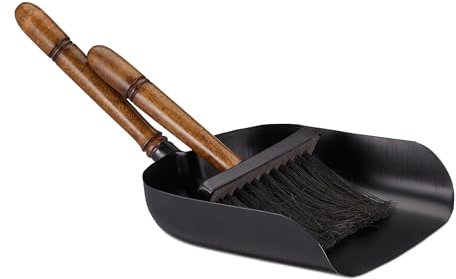 Relaxdays Accesorios Chimenea, Recogedor y Cepillo de Mano, Hierro y Mango Madera, Cerdas Yute, Set Estufa, Negro/Marrón, 15 x 21 x 39 cm