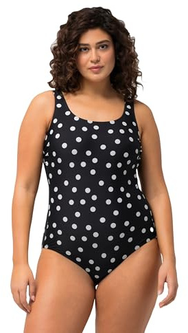 Ulla Popken Damen große Größen Übergrößen Plus Size Badeanzug, Punkte, ohne Softcups, Rundhals schwarz 58+ 827143100-58+