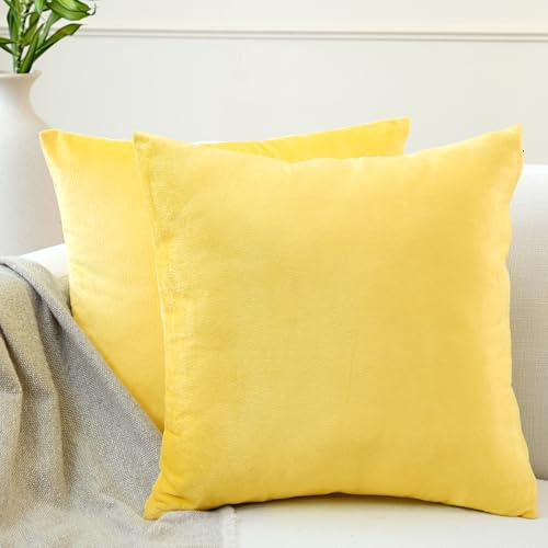 Encasa XO Kissenbezüge aus Samt - 2er-Set (40x40 cm) - Zitronengelb- Uni gefärbt, weich & glatt, waschbar, quadratisch, großer Wurfkissenbezug für Couch, Sofa, Stuhl, Bett und Wohnbereich